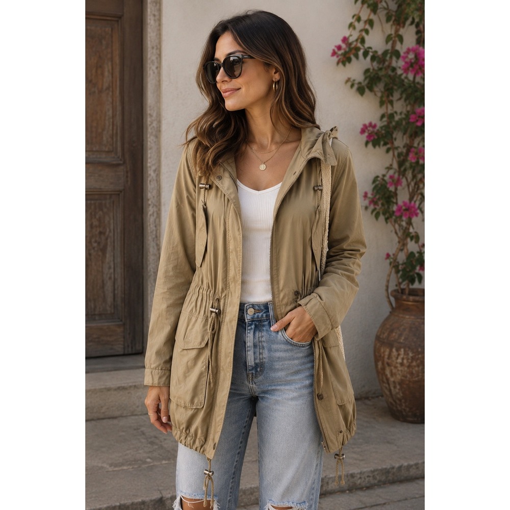 DKNY Jeans Vintage‎ Tan Utility Parka Jacket Hooded Khaki Womens Small
